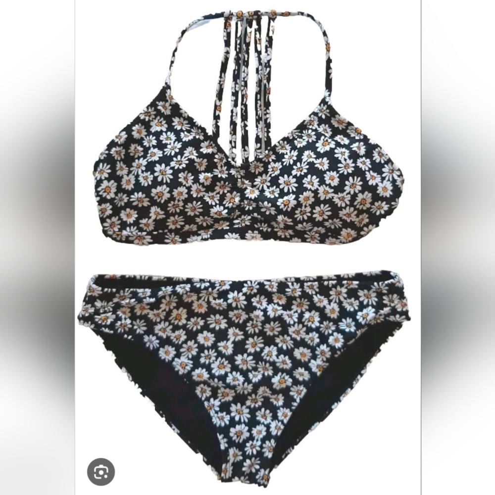 Full Tilt Black Daisy Print Girls Bikini Set New With Out Tags